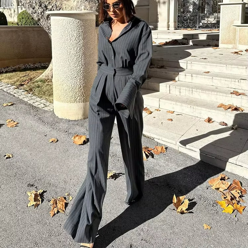 Buttoned Dark Gray Striped Casual Clothing Two-Piece Suit Women'S Wide Leg Pants and Shirt Set
