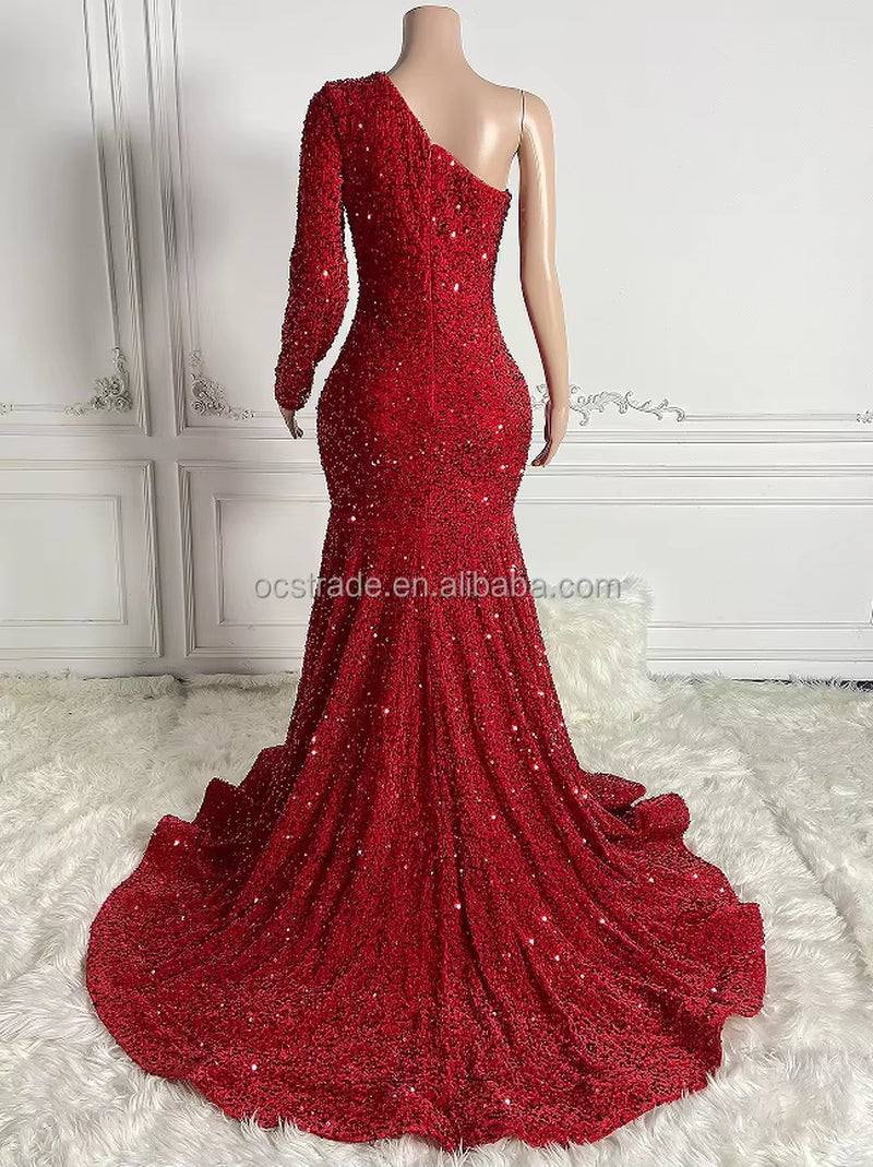 Ocstrade Sparkly Long Train Dresses for Women Party Wedding Evening off Shoulder Red Sequin Long Sleeves Prom Dress 2025 Women