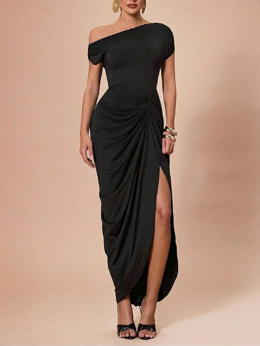 Women'S Elegant Long Dress Asymmetrical off Shoulder Ruched Slit Bodycon Cocktail Dresses