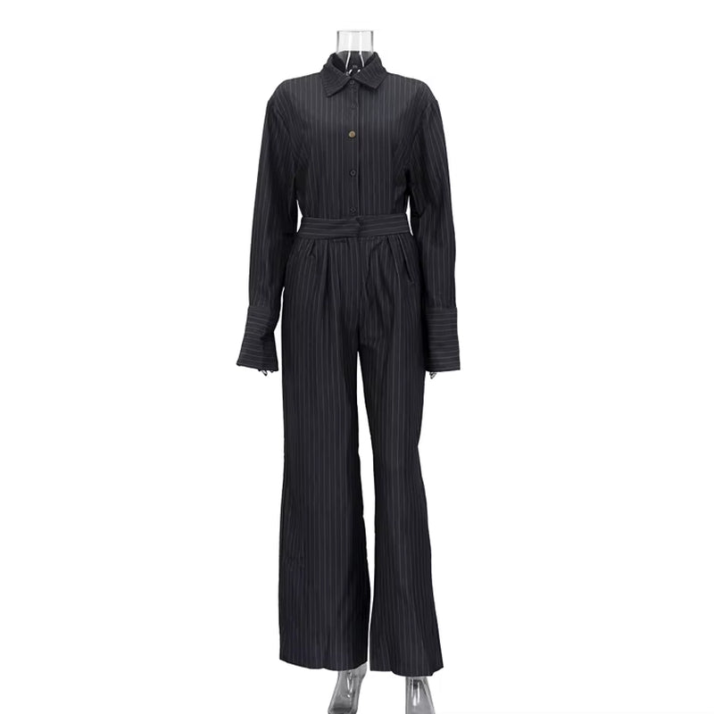 Buttoned Dark Gray Striped Casual Clothing Two-Piece Suit Women'S Wide Leg Pants and Shirt Set
