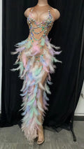 NOVANCE Y1821 Womens Spring Summer Dress Colorful Pearl Feather Birthday Dresses Women High Slit Sexy Evening Dresses Party