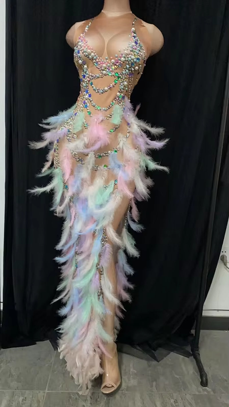 NOVANCE Y1821 Womens Spring Summer Dress Colorful Pearl Feather Birthday Dresses Women High Slit Sexy Evening Dresses Party