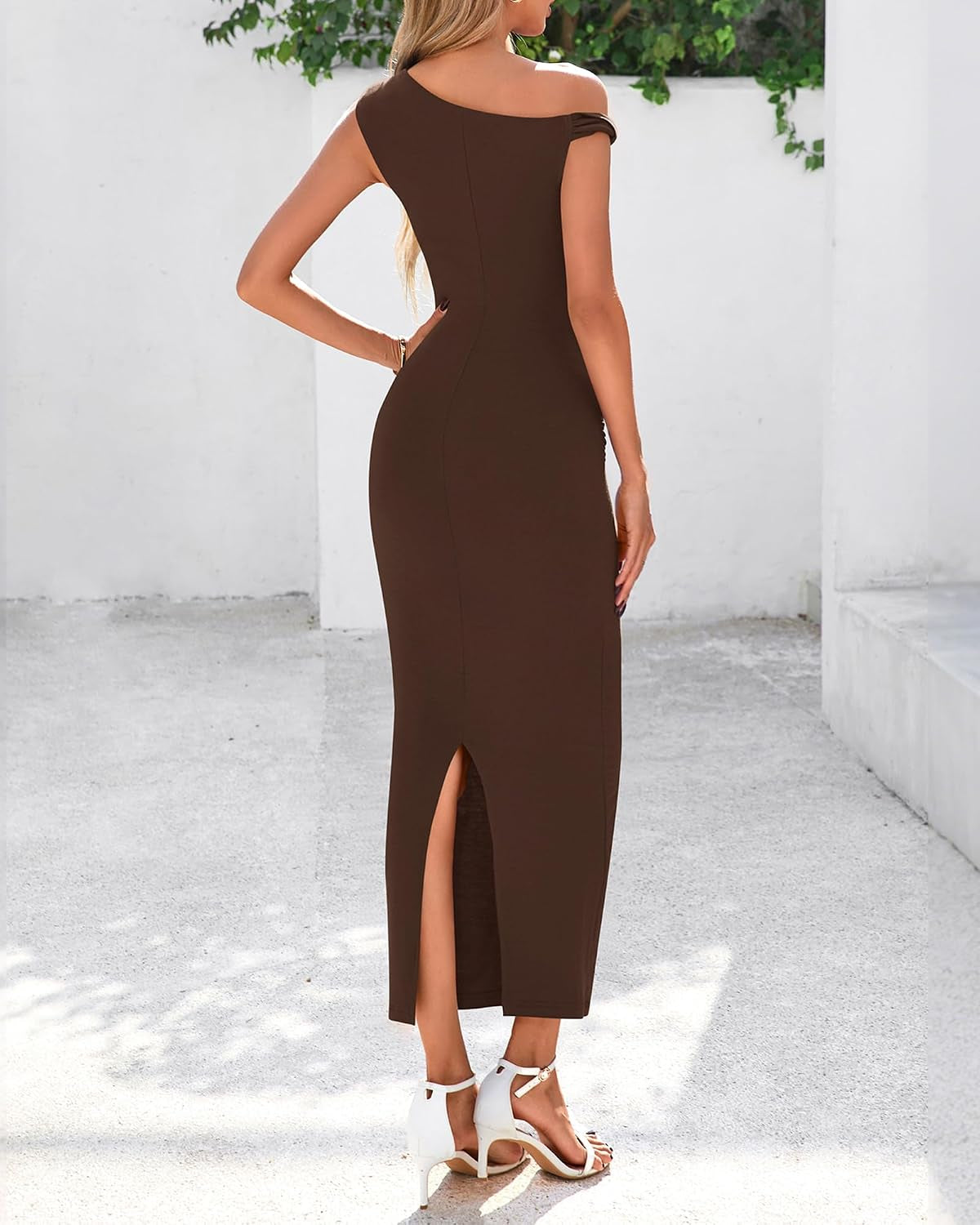 Women Formal Cocktail Dresses Summer 2026 One Shoulder Twist Strap Ruched Bodycon Elegant Wedding Party Maxi Dress