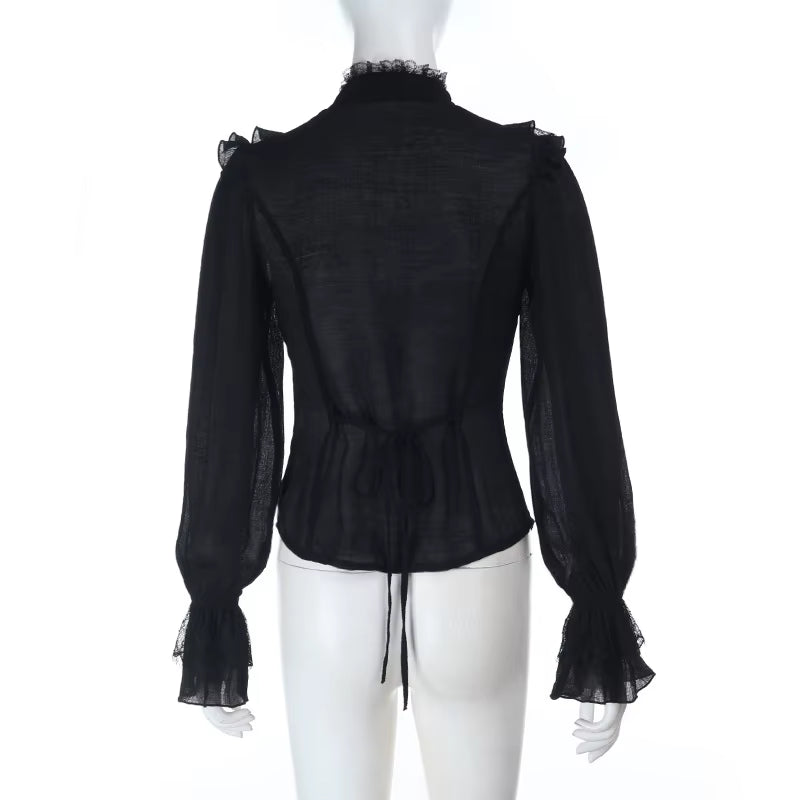 Gothic Blouse Black Long Sleeve Sexy Slim Tees 2026 New Goth Y2K Grunge Punk Lolita Elegant Sweet Halloween Woman Clothing