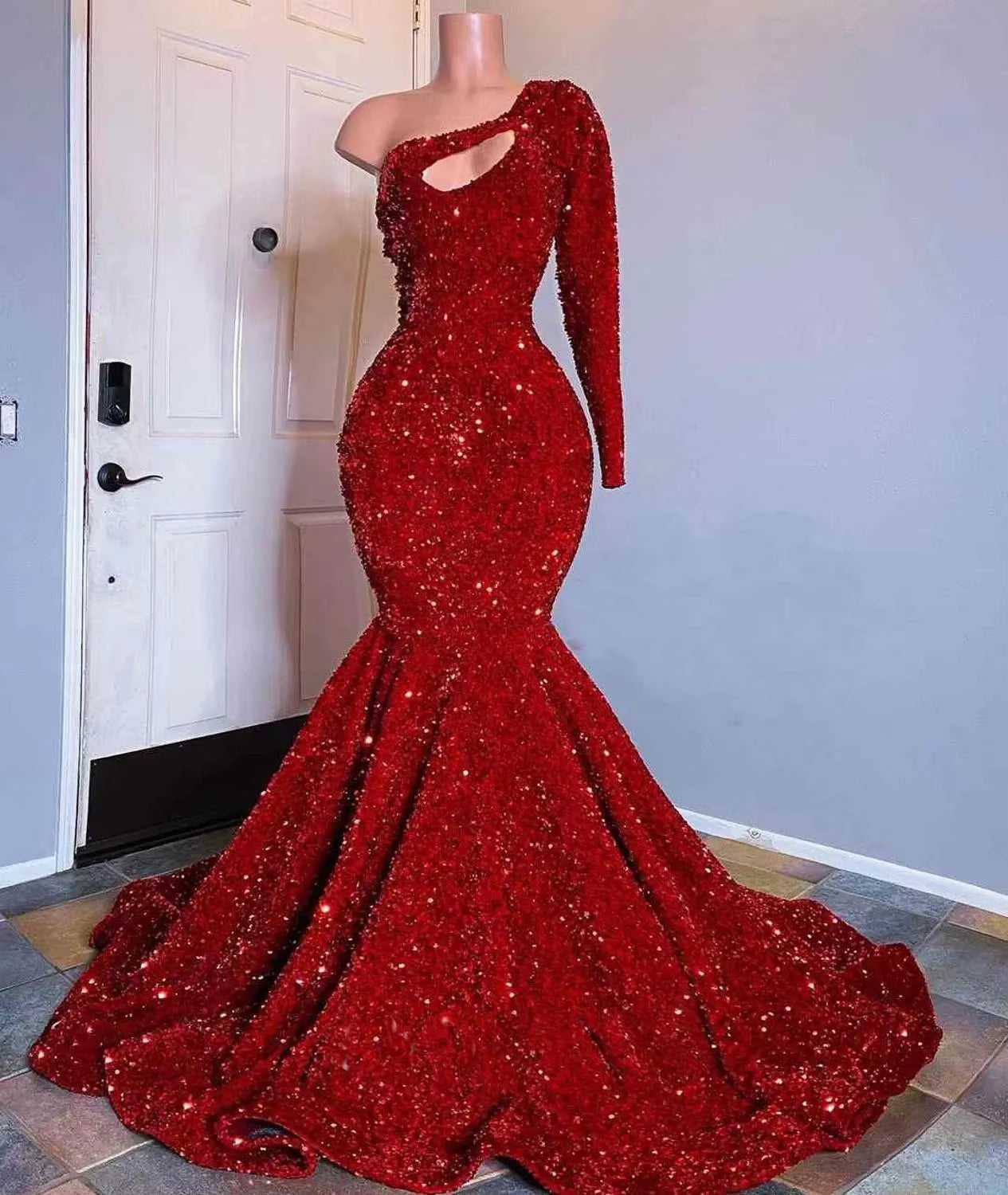 Ocstrade Sparkly Long Train Dresses for Women Party Wedding Evening off Shoulder Red Sequin Long Sleeves Prom Dress 2025 Women