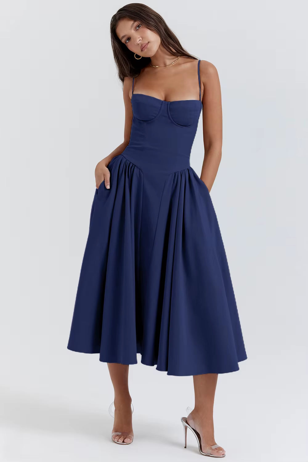 Wholesale Summer Women'S Dresses Solid Color Printing Sexy Mid-Waist Vintage Court Style Sleeveless Strap Lady'S Long Slip Dress