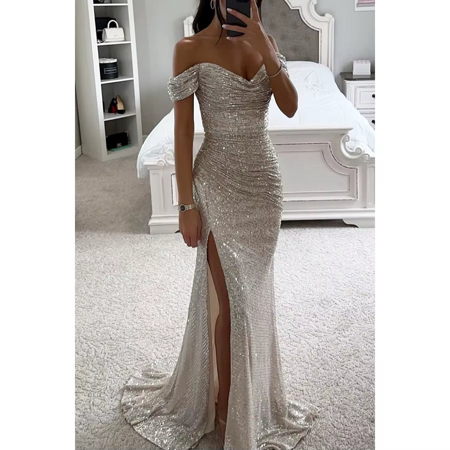 BH1423 Hot Sale Party Sequin One Line Neck Slit Casual Fashion Floor-Length Worsted Solid Natural Waist Woven Dress