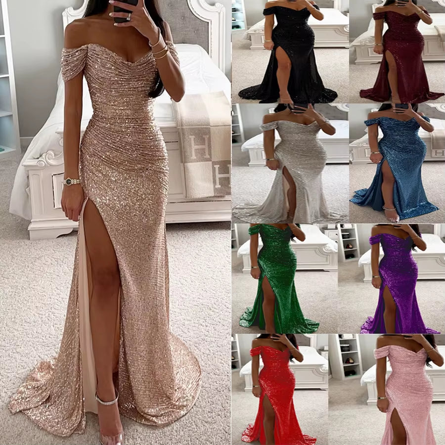 BH1423 Hot Sale Party Sequin One Line Neck Slit Casual Fashion Floor-Length Worsted Solid Natural Waist Woven Dress