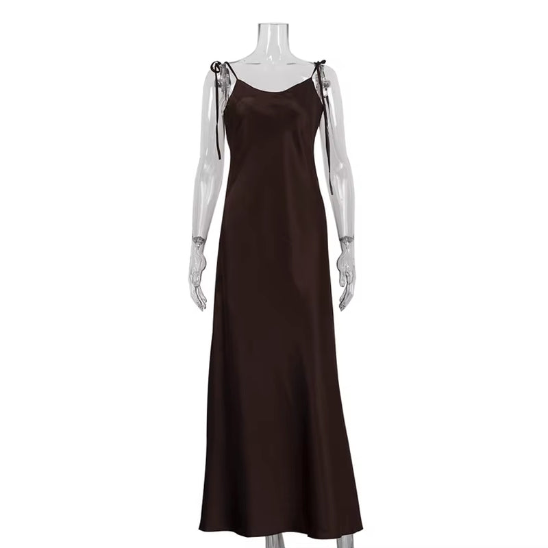 Lace-Up Spaghetti Strap Dresses Vestidos Largos Mujeres Backless Sleeveless Brown Satin Casual Women'S Summer Maxi Dress