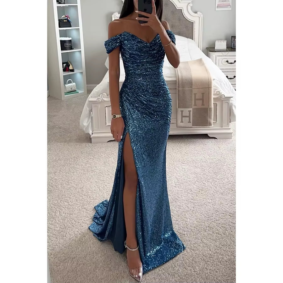 BH1423 Hot Sale Party Sequin One Line Neck Slit Casual Fashion Floor-Length Worsted Solid Natural Waist Woven Dress