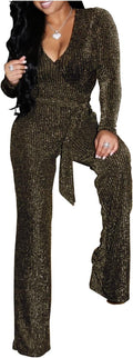 Women Casual Sexy V Neck Sparkly Jumpsuits Long Sleeve Onesie Loose Pants Party Clubwear with Belt