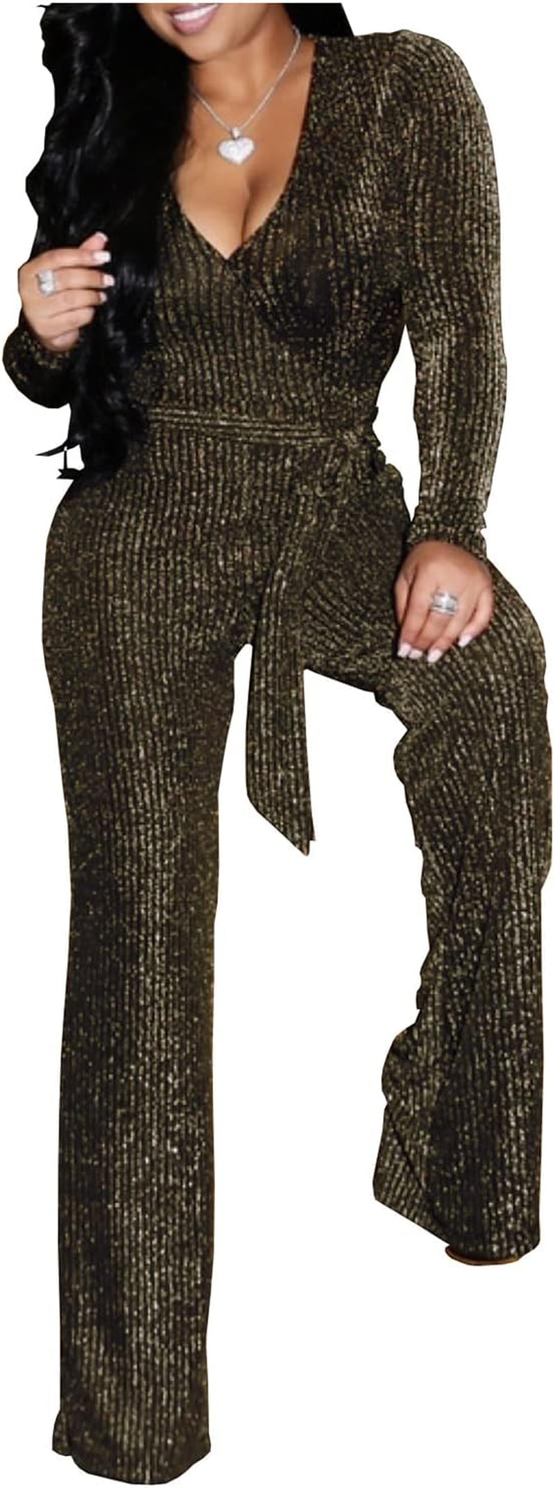 Women Casual Sexy V Neck Sparkly Jumpsuits Long Sleeve Onesie Loose Pants Party Clubwear with Belt