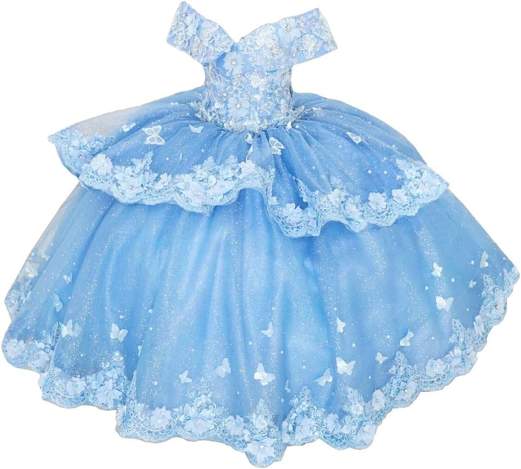 Tulle Lace Flower Girl Dresses for Wedding off Shoulder Ball Gown Beaded First Communion Dress Butterfly Pageant Dress
