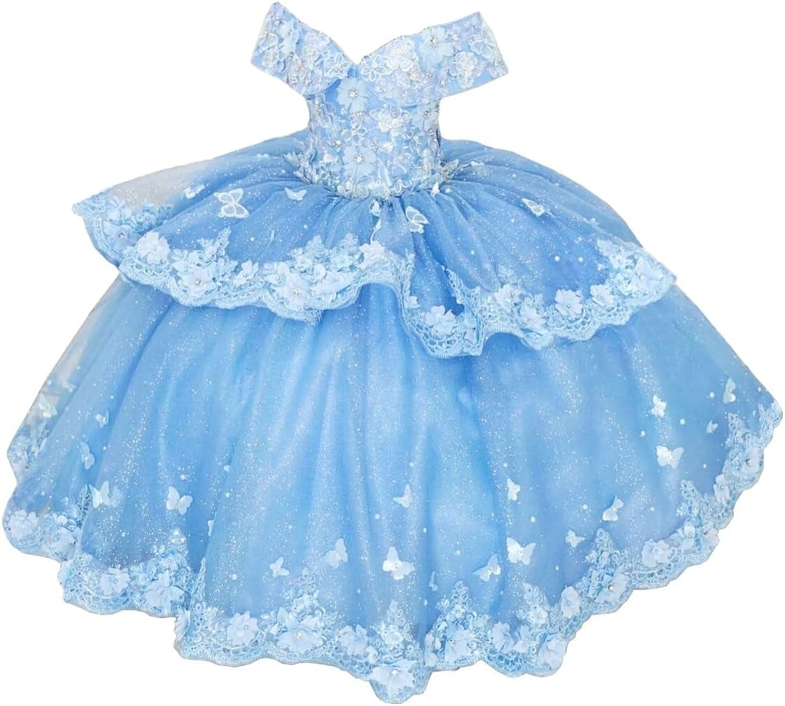 Tulle Lace Flower Girl Dresses for Wedding off Shoulder Ball Gown Beaded First Communion Dress Butterfly Pageant Dress