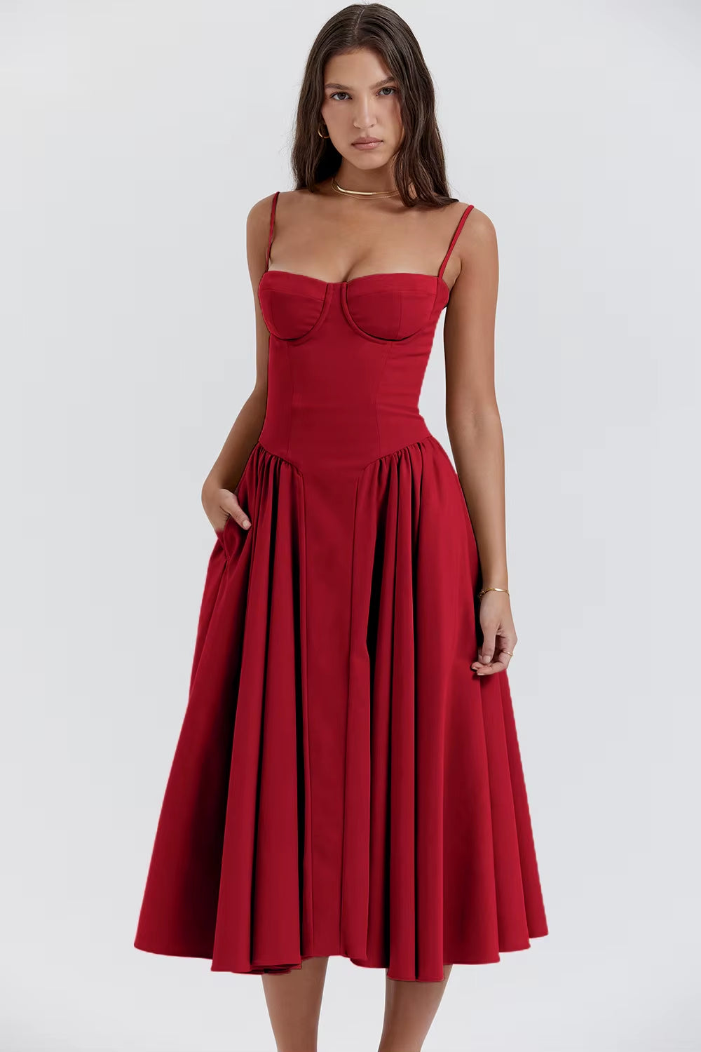 Wholesale Summer Women'S Dresses Solid Color Printing Sexy Mid-Waist Vintage Court Style Sleeveless Strap Lady'S Long Slip Dress