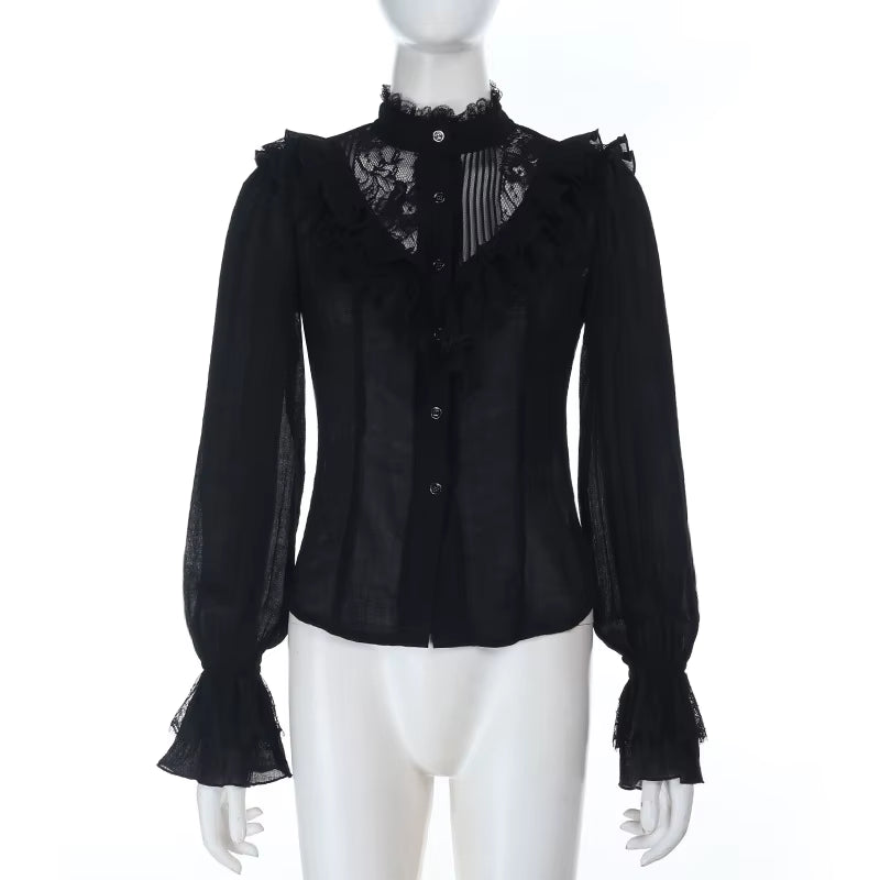 Gothic Blouse Black Long Sleeve Sexy Slim Tees 2026 New Goth Y2K Grunge Punk Lolita Elegant Sweet Halloween Woman Clothing