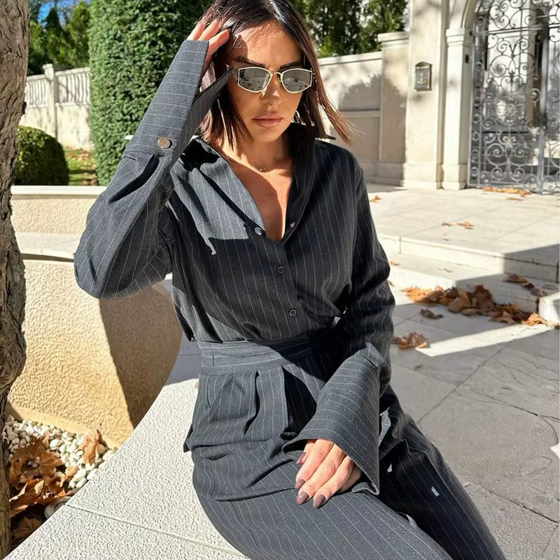 Buttoned Dark Gray Striped Casual Clothing Two-Piece Suit Women'S Wide Leg Pants and Shirt Set