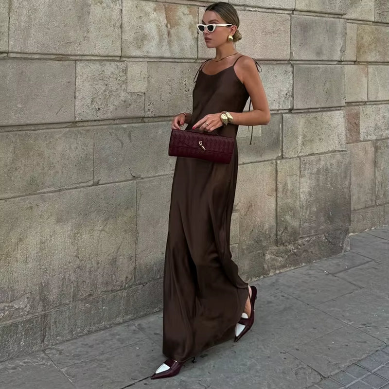 Lace-Up Spaghetti Strap Dresses Vestidos Largos Mujeres Backless Sleeveless Brown Satin Casual Women'S Summer Maxi Dress