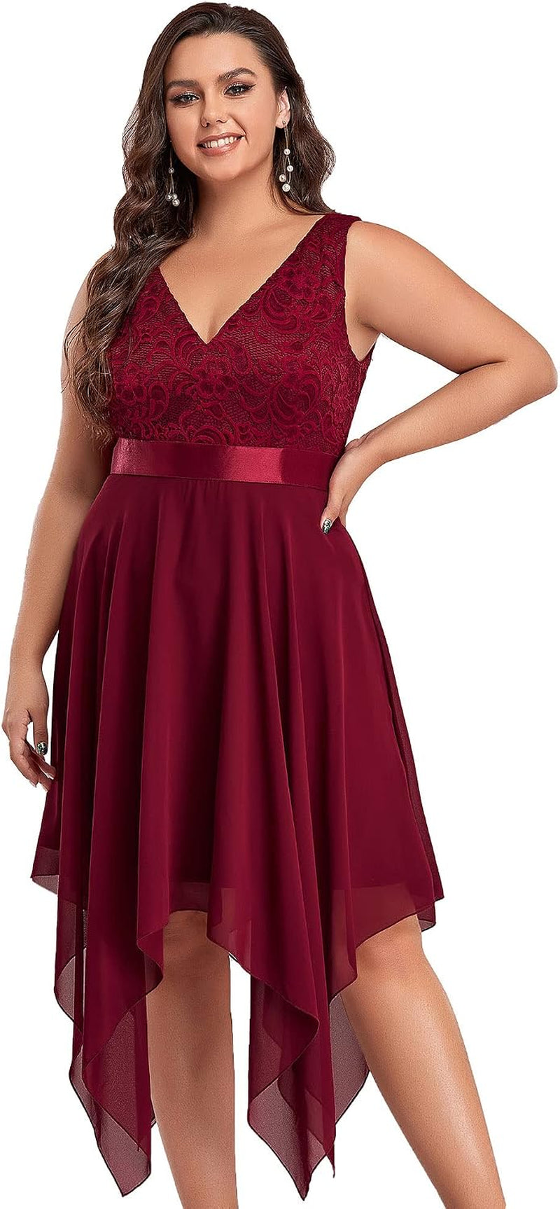 plus Womens V Neck Chiffon Lace Bodice a Line Homecoming Dress for Teens Burgundy US24