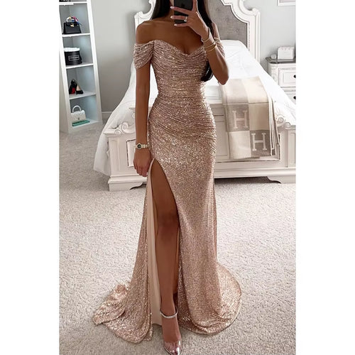 BH1423 Hot Sale Party Sequin One Line Neck Slit Casual Fashion Floor-Length Worsted Solid Natural Waist Woven Dress