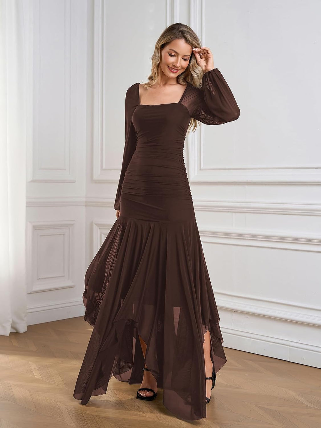 Women'S Formal Long Sleeve Maxi Dress Asymmetrical Hem Square Neck Mesh Wedding Guest Cocktail Dresses