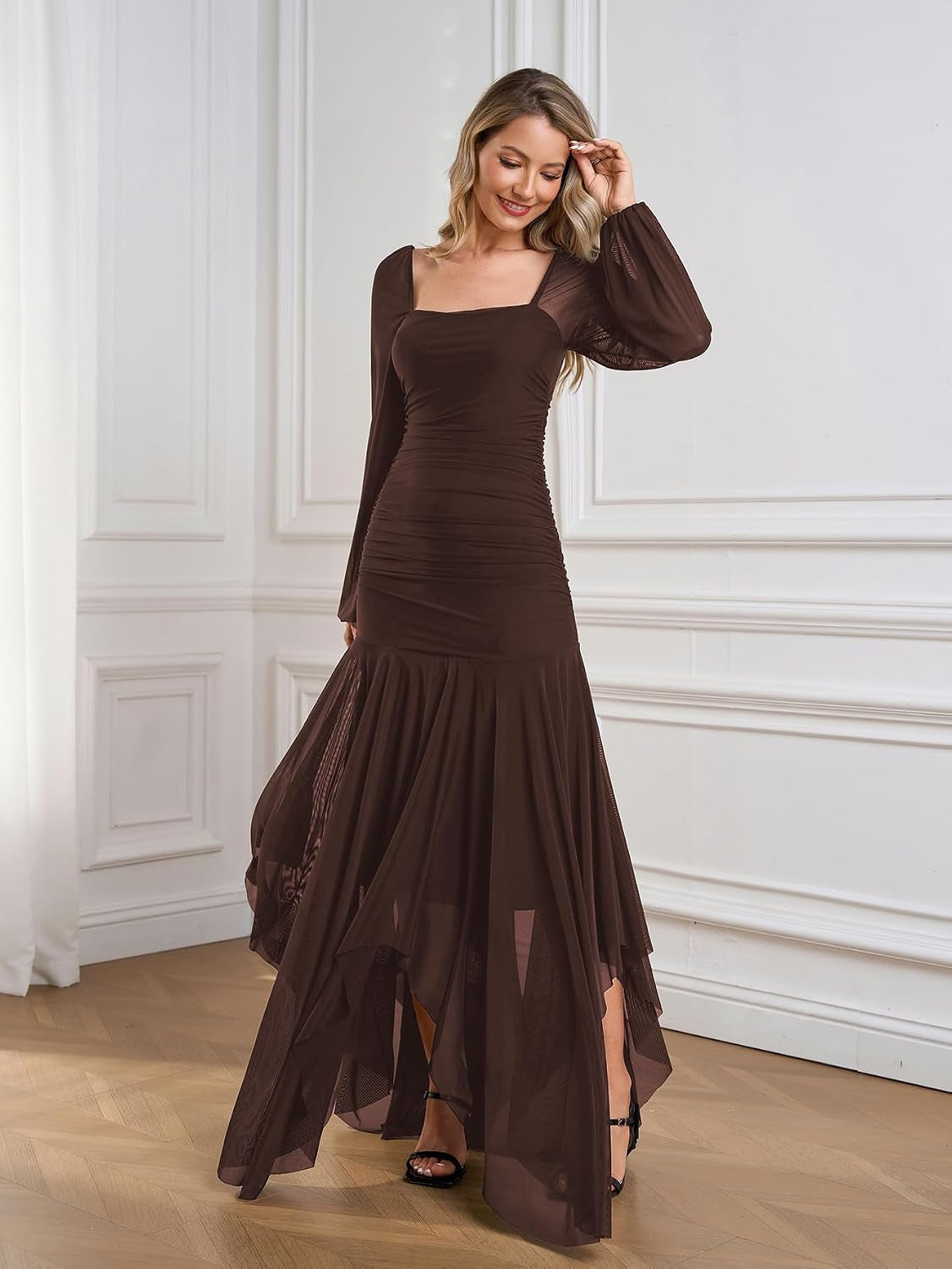 Women'S Formal Long Sleeve Maxi Dress Asymmetrical Hem Square Neck Mesh Wedding Guest Cocktail Dresses