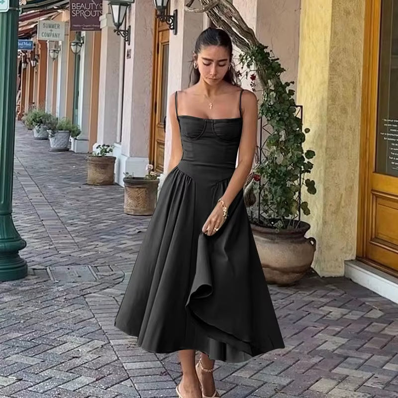 Wholesale Summer Women'S Dresses Solid Color Printing Sexy Mid-Waist Vintage Court Style Sleeveless Strap Lady'S Long Slip Dress