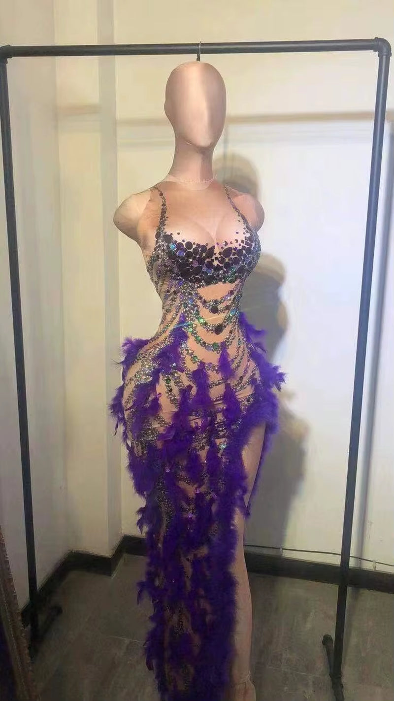 NOVANCE Y1821 Womens Spring Summer Dress Colorful Pearl Feather Birthday Dresses Women High Slit Sexy Evening Dresses Party