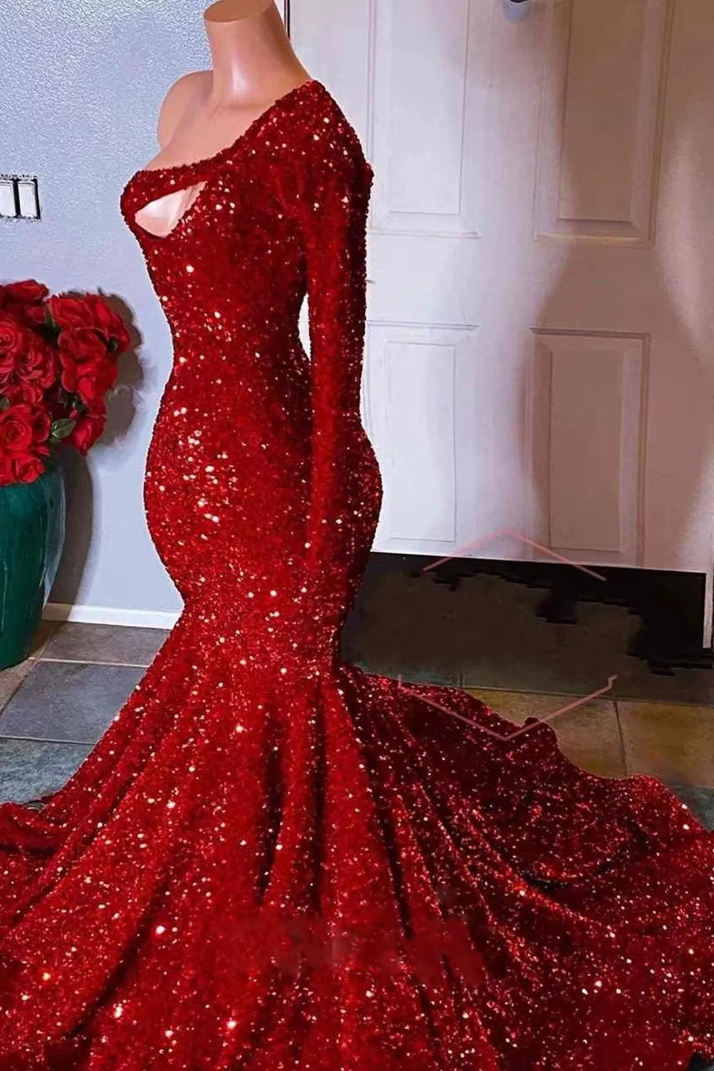 Ocstrade Sparkly Long Train Dresses for Women Party Wedding Evening off Shoulder Red Sequin Long Sleeves Prom Dress 2025 Women