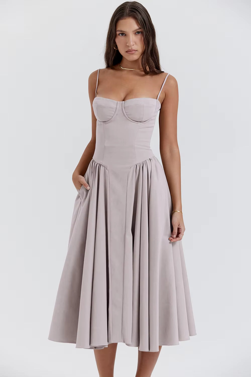 Wholesale Summer Women'S Dresses Solid Color Printing Sexy Mid-Waist Vintage Court Style Sleeveless Strap Lady'S Long Slip Dress