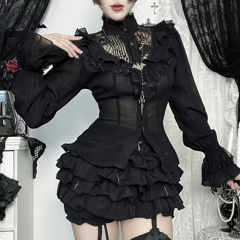 Gothic Blouse Black Long Sleeve Sexy Slim Tees 2026 New Goth Y2K Grunge Punk Lolita Elegant Sweet Halloween Woman Clothing