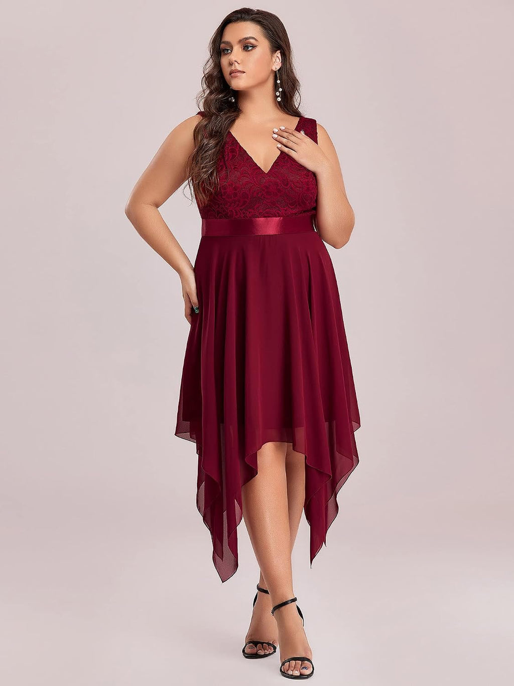 plus Womens V Neck Chiffon Lace Bodice a Line Homecoming Dress for Teens Burgundy US24