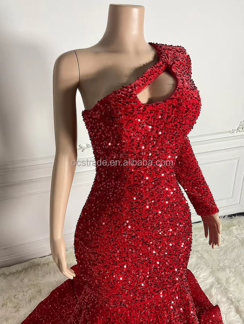 Ocstrade Sparkly Long Train Dresses for Women Party Wedding Evening off Shoulder Red Sequin Long Sleeves Prom Dress 2025 Women
