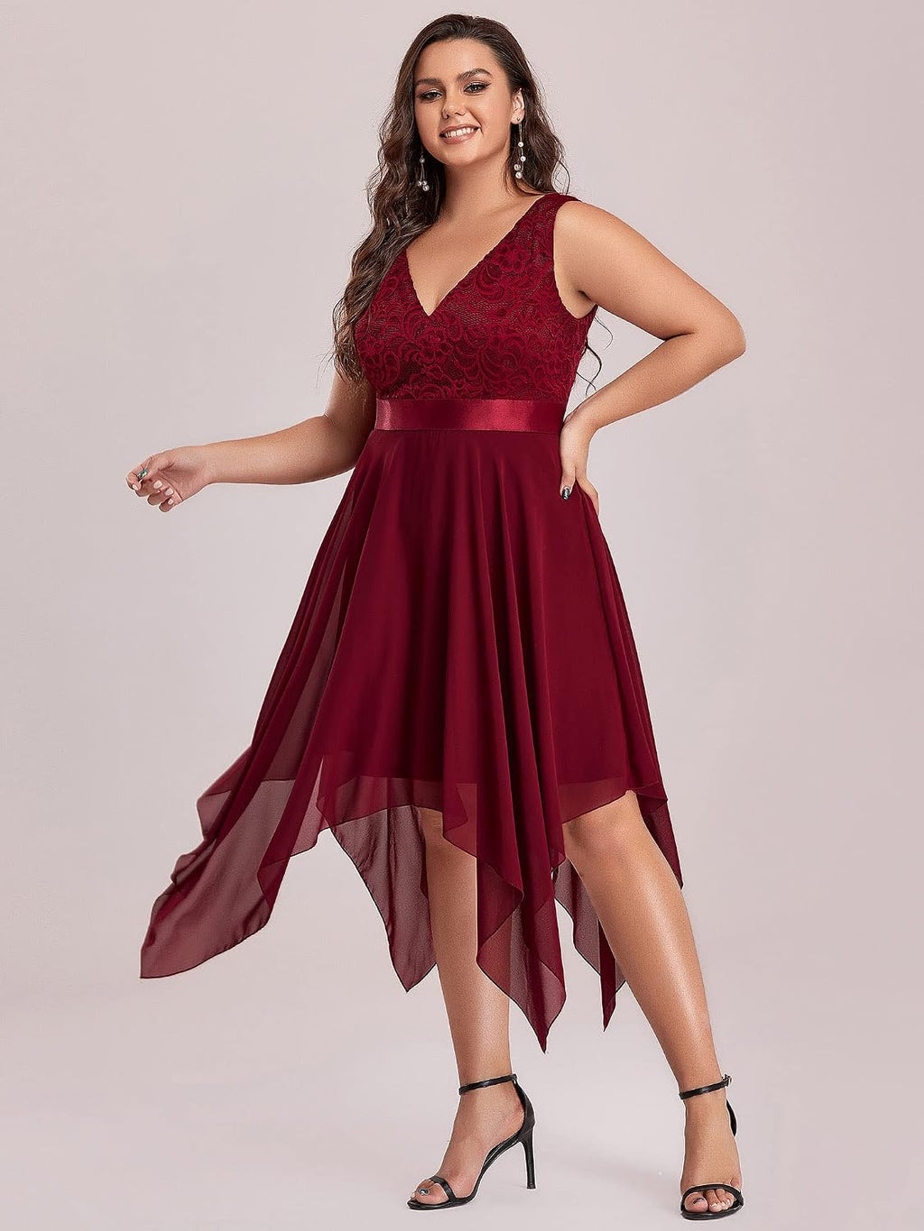plus Womens V Neck Chiffon Lace Bodice a Line Homecoming Dress for Teens Burgundy US24