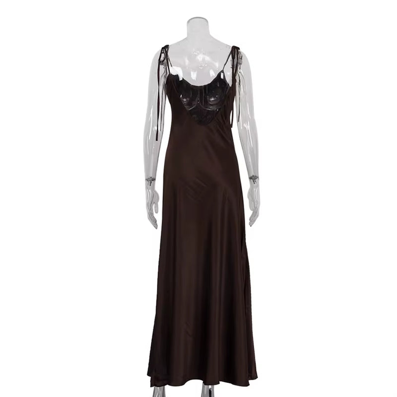 Lace-Up Spaghetti Strap Dresses Vestidos Largos Mujeres Backless Sleeveless Brown Satin Casual Women'S Summer Maxi Dress