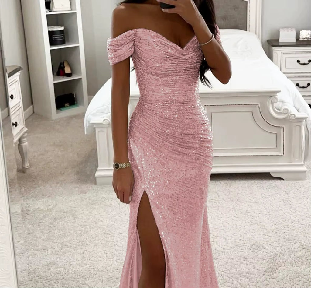 BH1423 Hot Sale Party Sequin One Line Neck Slit Casual Fashion Floor-Length Worsted Solid Natural Waist Woven Dress