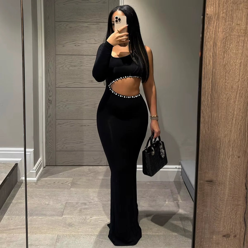 Redpeony 2025 Summer Sexy Slant Shoulder Cut Out Bodycon Dress Women Diamond Pearl Trim Luxury Party Night Women Maxi Dress
