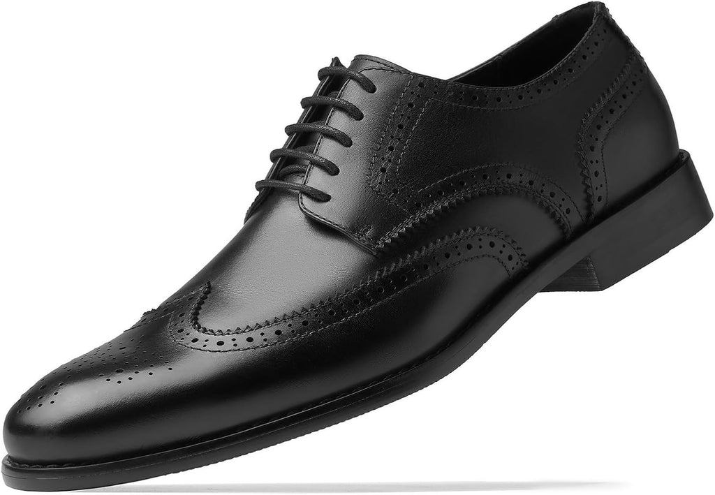 Men'S Dress Shoes Genuine Leather, Wingtip Oxford for Men Non Slip, Lace up Plain Toe Derby Dress Shoes for Formal, Business, Wedding, Office