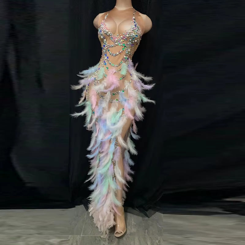 NOVANCE Y1821 Womens Spring Summer Dress Colorful Pearl Feather Birthday Dresses Women High Slit Sexy Evening Dresses Party