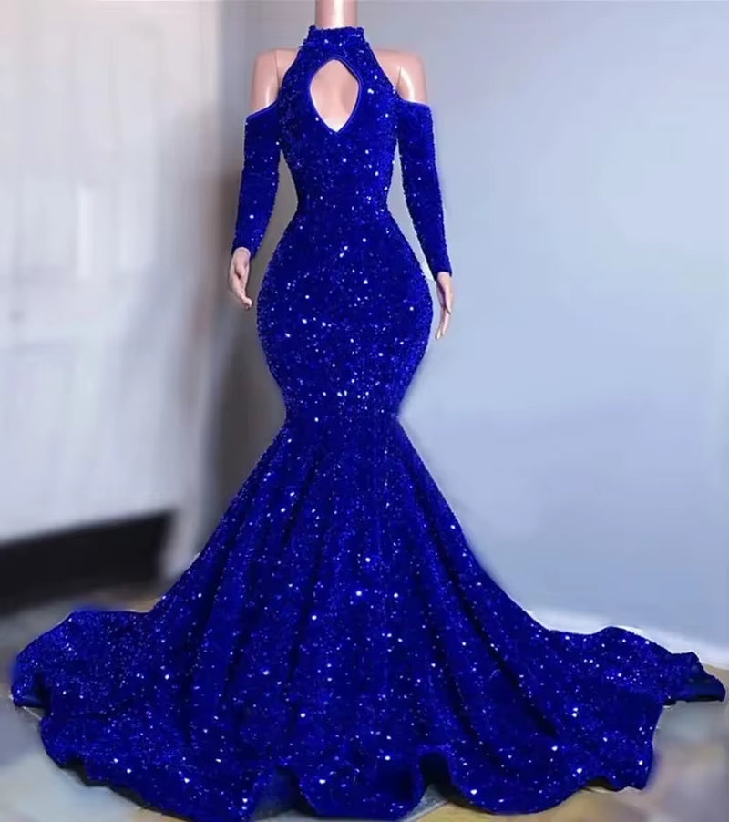 Ocstrade Sparkly Long Train Dresses for Women Party Wedding Evening off Shoulder Red Sequin Long Sleeves Prom Dress 2025 Women