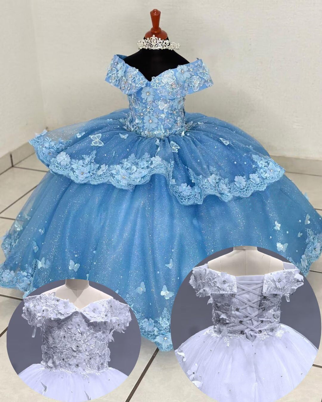 Tulle Lace Flower Girl Dresses for Wedding off Shoulder Ball Gown Beaded First Communion Dress Butterfly Pageant Dress