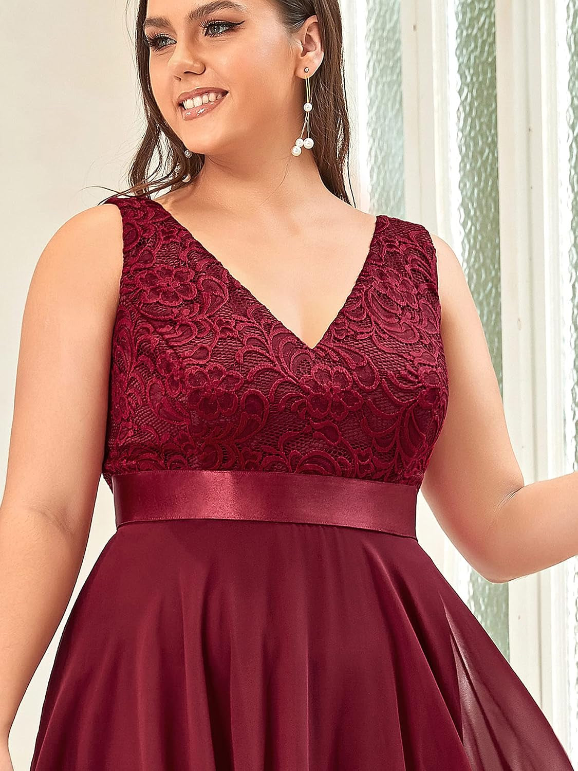 plus Womens V Neck Chiffon Lace Bodice a Line Homecoming Dress for Teens Burgundy US24