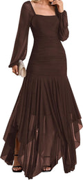 Women'S Formal Long Sleeve Maxi Dress Asymmetrical Hem Square Neck Mesh Wedding Guest Cocktail Dresses