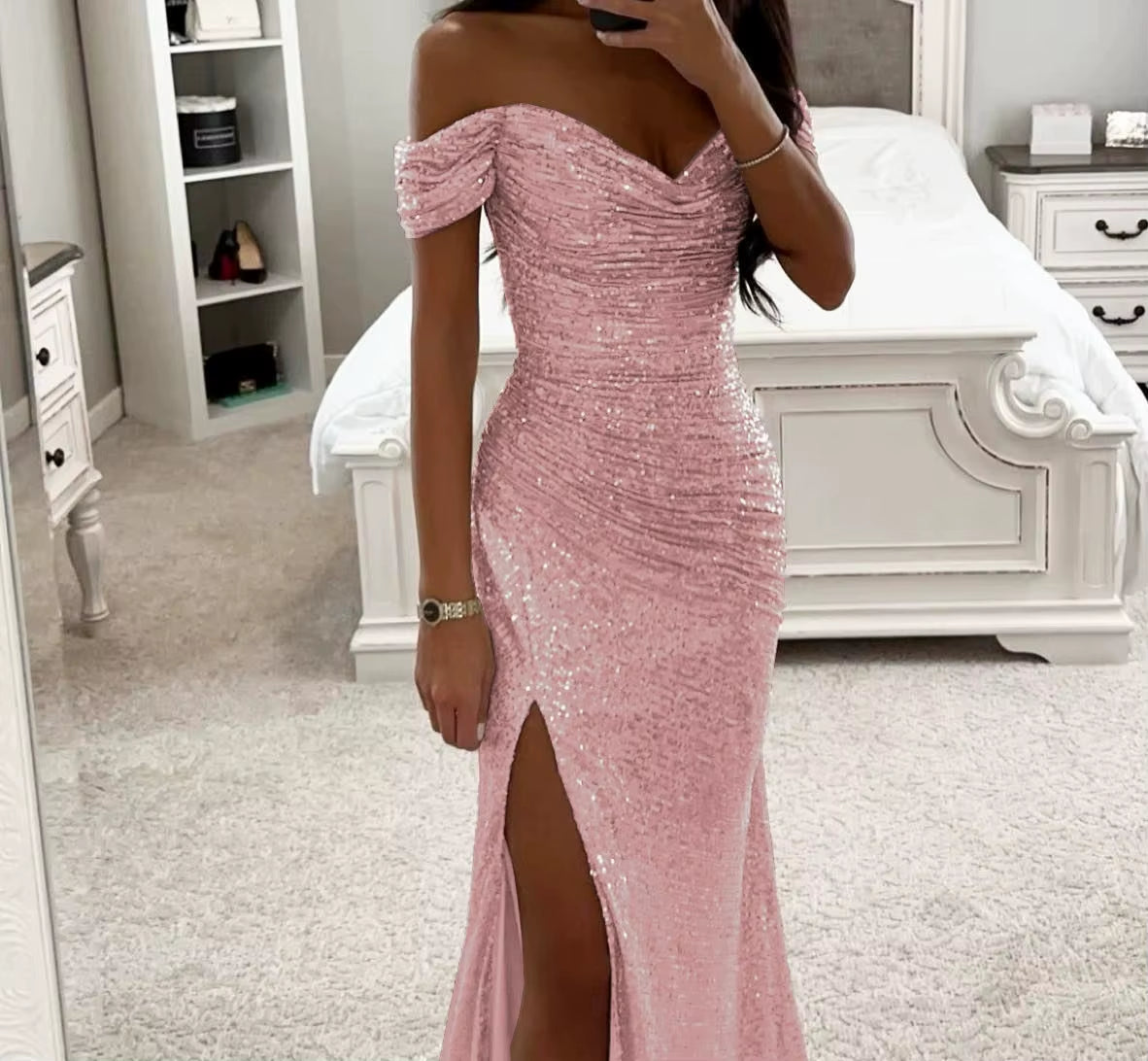 BH1423 Hot Sale Party Sequin One Line Neck Slit Casual Fashion Floor-Length Worsted Solid Natural Waist Woven Dress