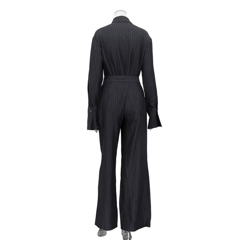 Buttoned Dark Gray Striped Casual Clothing Two-Piece Suit Women'S Wide Leg Pants and Shirt Set
