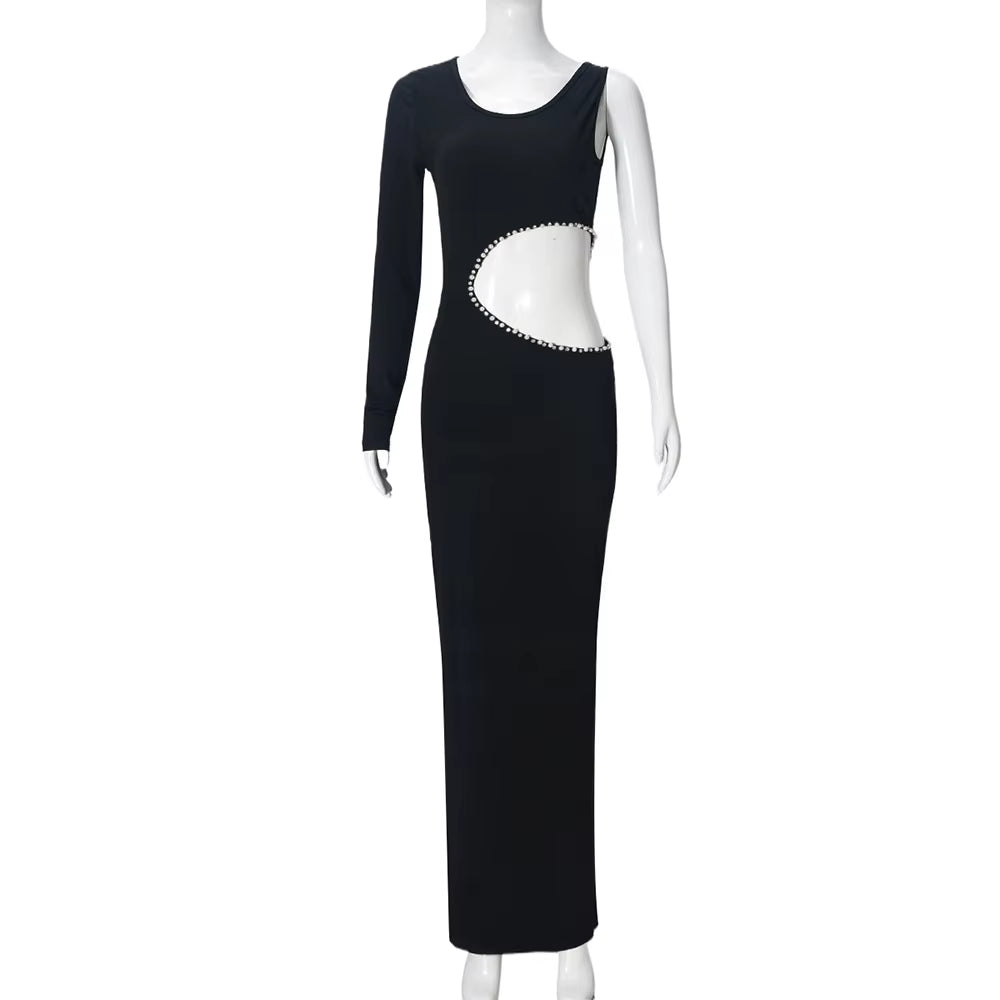 Redpeony 2025 Summer Sexy Slant Shoulder Cut Out Bodycon Dress Women Diamond Pearl Trim Luxury Party Night Women Maxi Dress