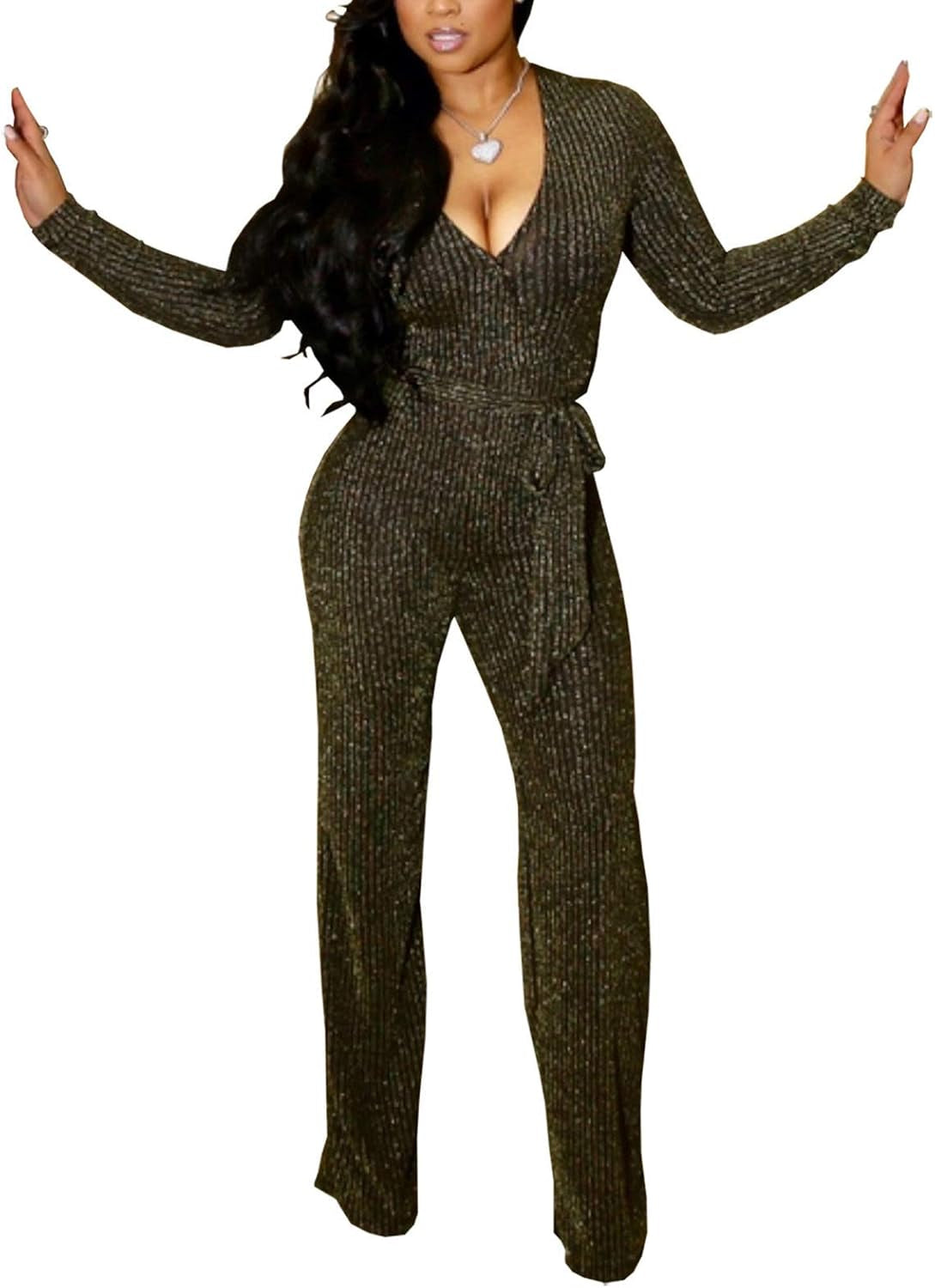 Women Casual Sexy V Neck Sparkly Jumpsuits Long Sleeve Onesie Loose Pants Party Clubwear with Belt