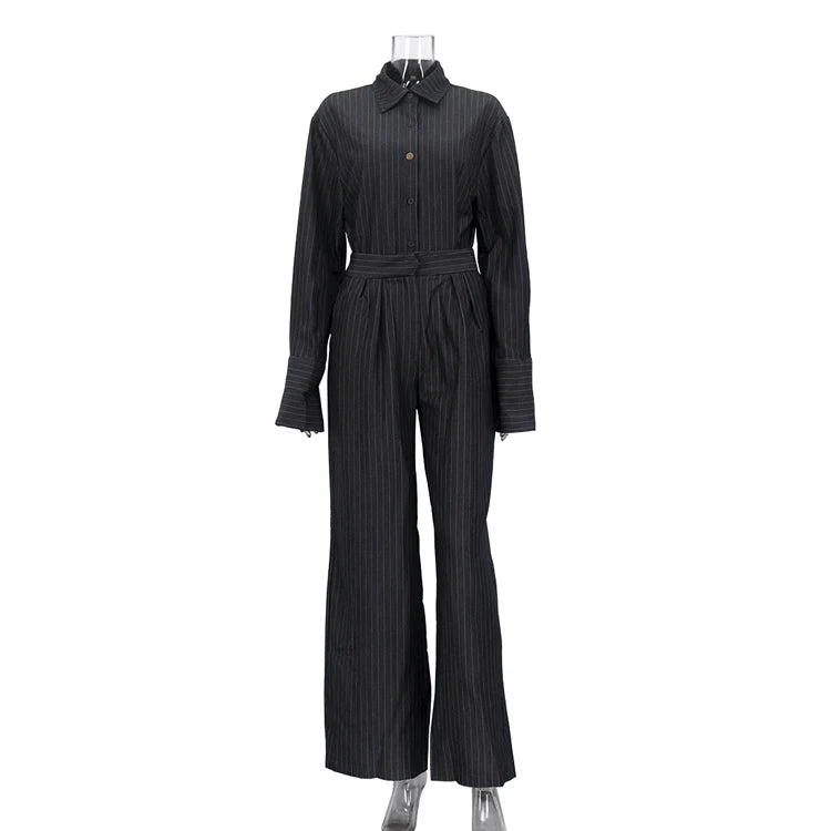 Buttoned Dark Gray Striped Casual Clothing Two-Piece Suit Women'S Wide Leg Pants and Shirt Set
