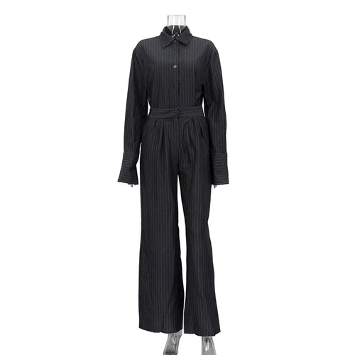 Buttoned Dark Gray Striped Casual Clothing Two-Piece Suit Women'S Wide Leg Pants and Shirt Set
