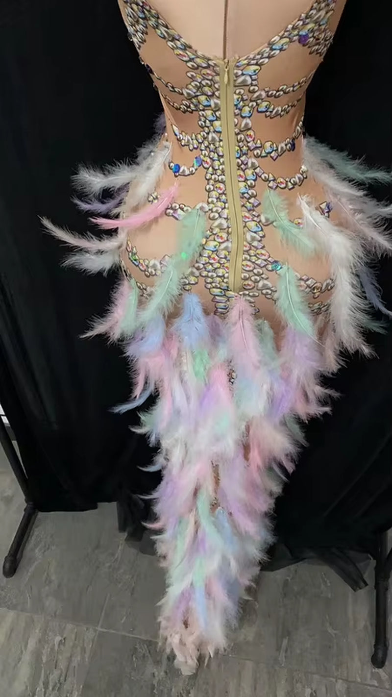 NOVANCE Y1821 Womens Spring Summer Dress Colorful Pearl Feather Birthday Dresses Women High Slit Sexy Evening Dresses Party